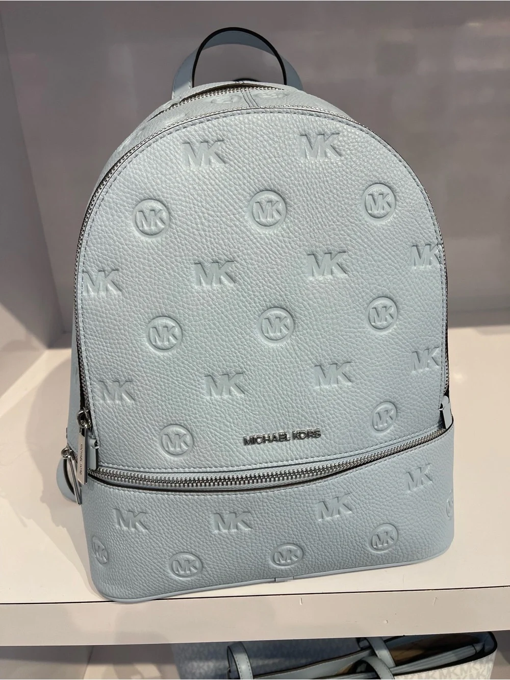 Michael Kors Rhea Medium Zip Logo Debossed Backpack Pale Ocean NWT